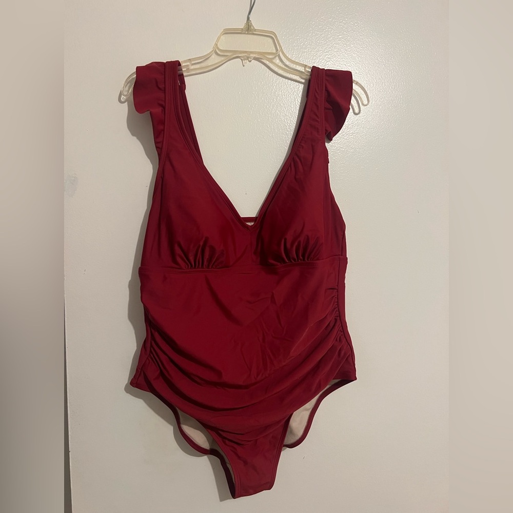 Kona Sol Burgundy Ruffle-Shoulder One-Piece Swimsuit